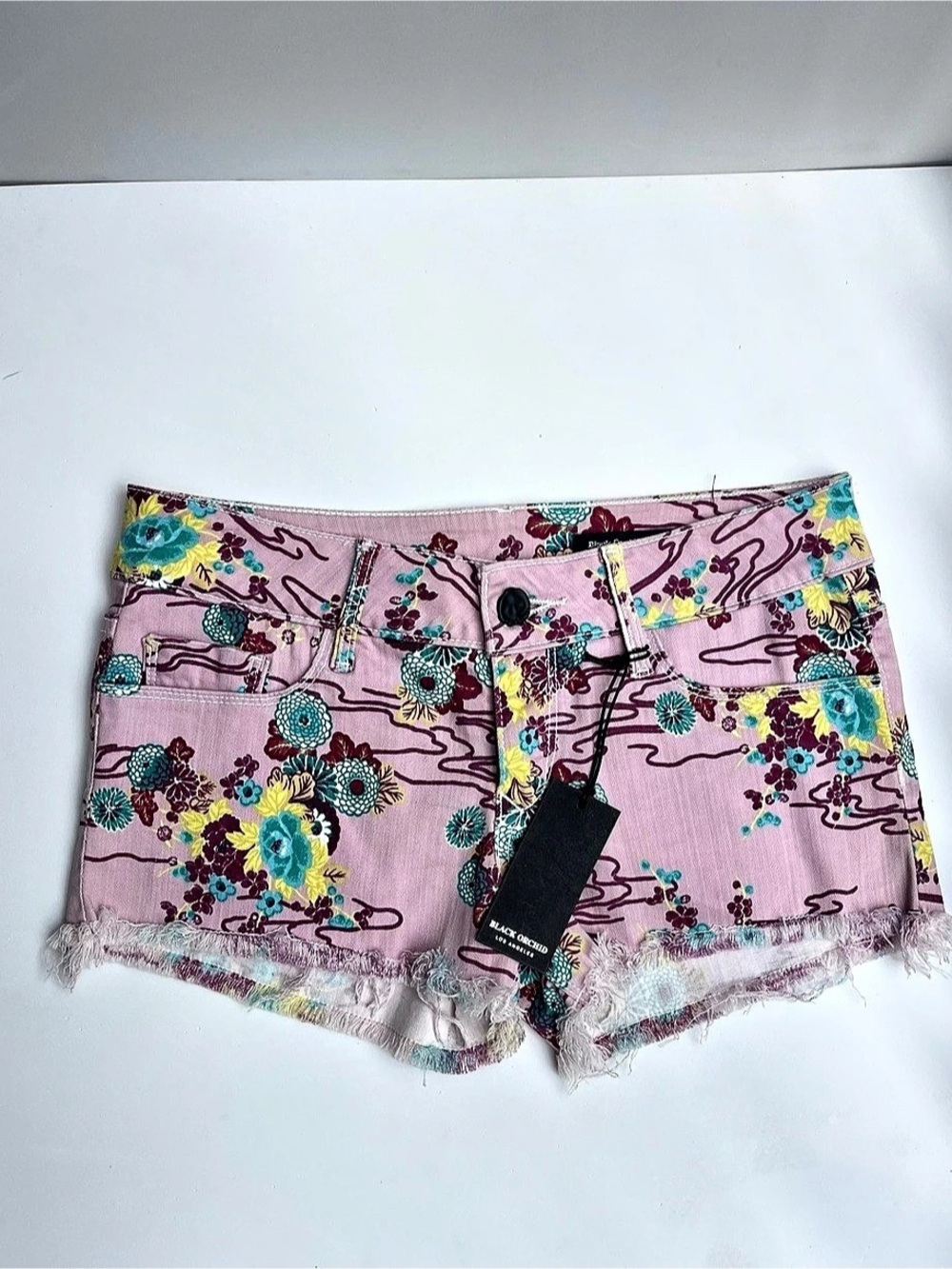 Black Orchid Floral Print Denim Cut-Off Shorts